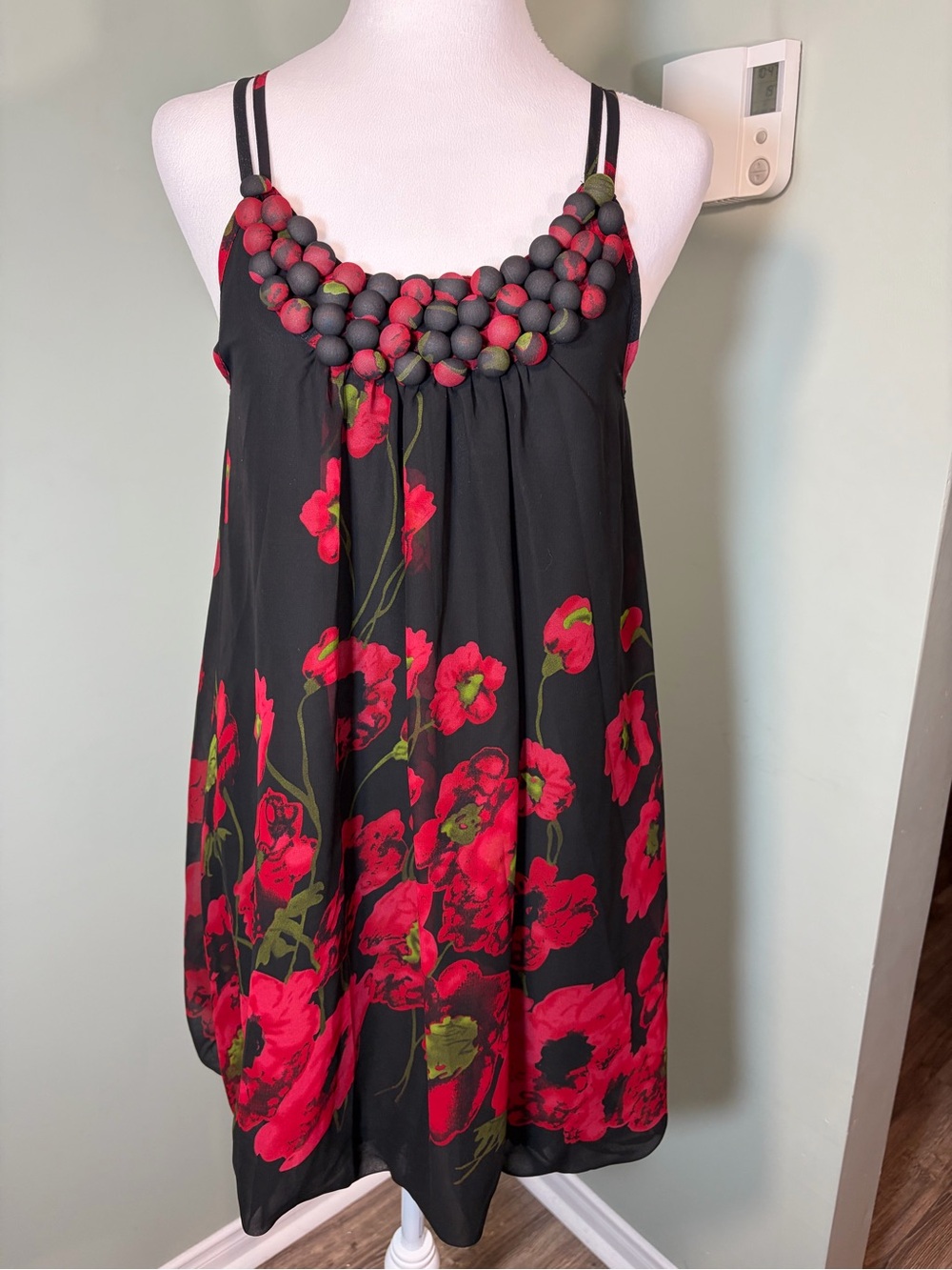345. Parisien Black Floral Beaded-Trim Sleeveless Dress